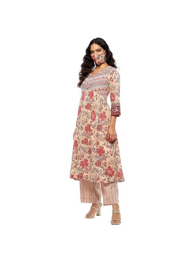 BIBA Women Cotton Floral Printed Gathered A-Line Kurta With pant s - Image 1