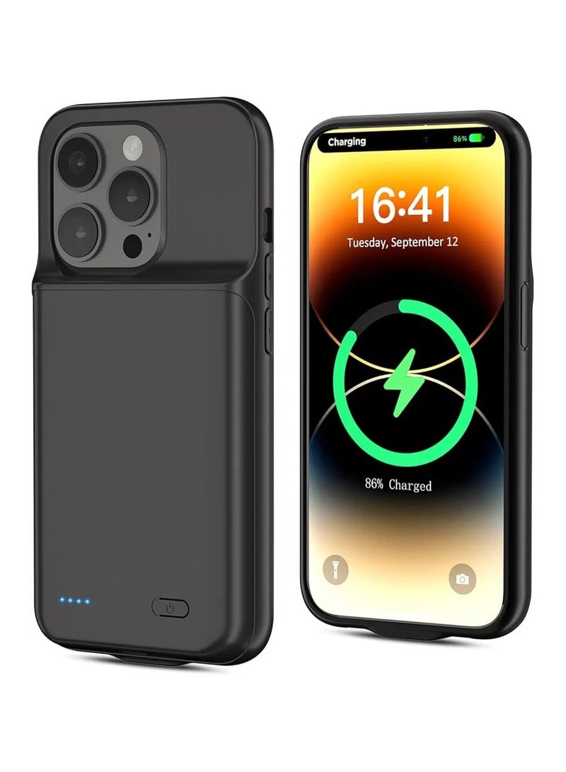 حافظة بطارية لهاتف iPhone 15 Pro Max - غطاء شحن محمول واقٍ بسعة 7000 مللي أمبير في الساعة، حزمة بطارية ممتدة قابلة لإعادة الشحن مع مؤشر LED ذكي - أسود - Image 1