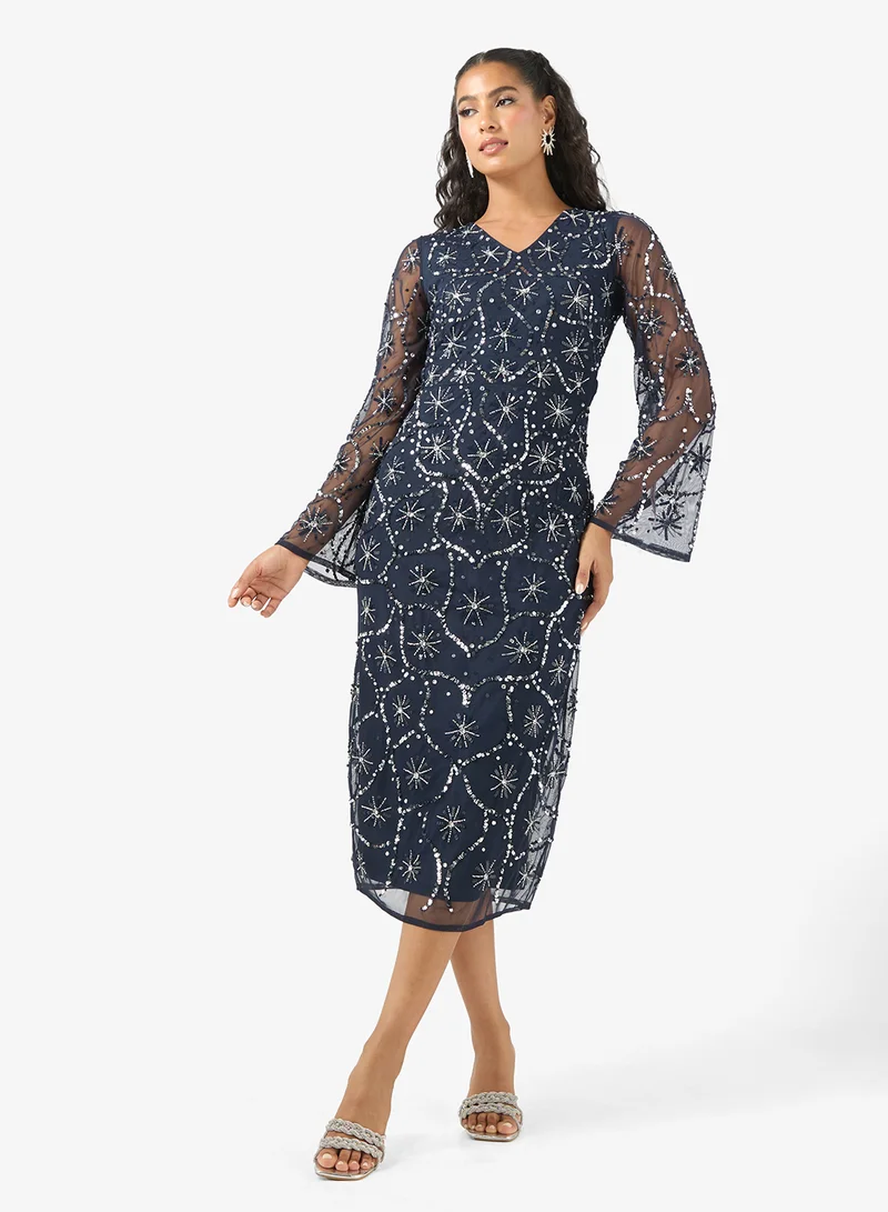 V-Neck Sequin Midi Dress