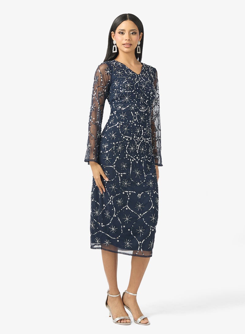 Amelia Rose V-Neck Sequin Midi Dress - Image 1