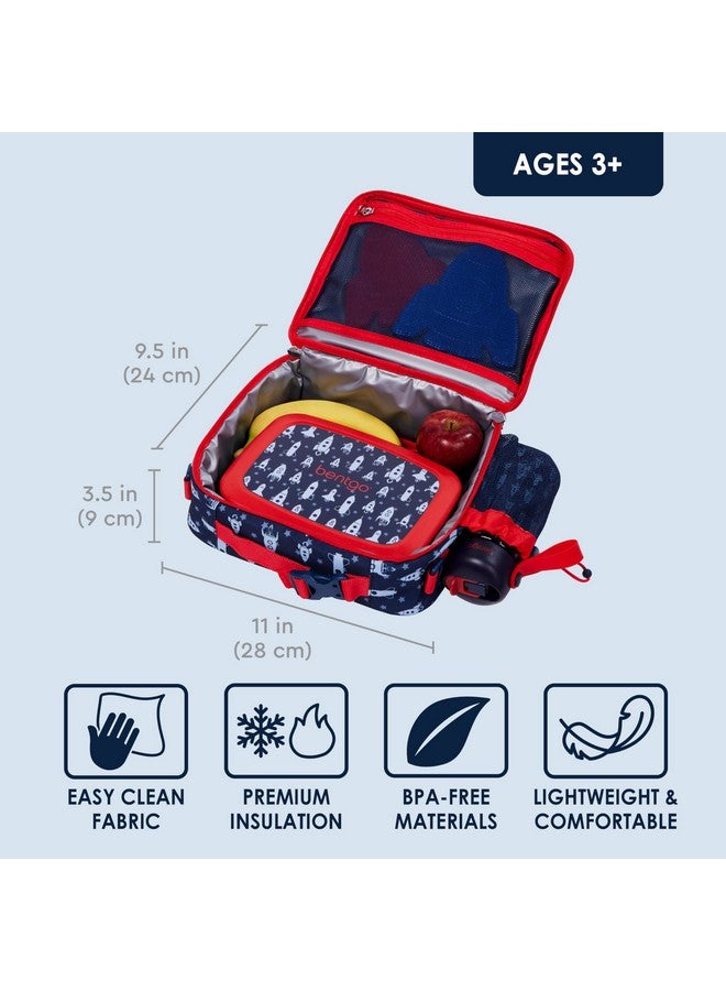 بنتجو حقيبة غداء Bentgo للأطفال - حقيبة غداء متينة مزدوجة العزل للأطفال من سن 3 سنوات فما فوق؛ تتسع لعلبة الغداء وزجاجة الماء والوجبات الخفيفة؛ قماش مقاوم للماء سهل التنظيف وجيوب متعددة بسحاب (صاروخ) - Image 2