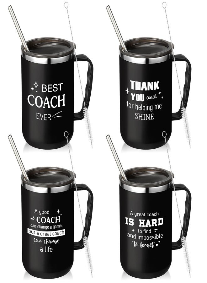 Uiifan 4 Sets Thank You Gifts for Coach Christmas 16 oz Coach Cup with Handle Straw Lid Straw Brush Stainless Steel Insulated Sports Team Coffee Mug for Xmas Appreciation Retirement Gift(Black) - Image 1