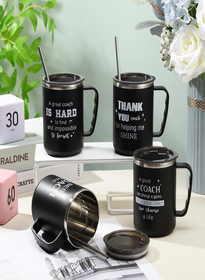 Uiifan 4 Sets Thank You Gifts for Coach Christmas 16 oz Coach Cup with Handle Straw Lid Straw Brush Stainless Steel Insulated Sports Team Coffee Mug for Xmas Appreciation Retirement Gift(Black) - Image 4