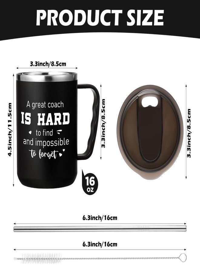 Uiifan 4 Sets Thank You Gifts for Coach Christmas 16 oz Coach Cup with Handle Straw Lid Straw Brush Stainless Steel Insulated Sports Team Coffee Mug for Xmas Appreciation Retirement Gift(Black) - Image 2