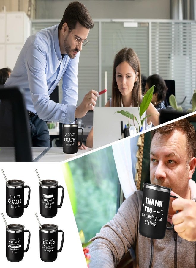 Uiifan 4 Sets Thank You Gifts for Coach Christmas 16 oz Coach Cup with Handle Straw Lid Straw Brush Stainless Steel Insulated Sports Team Coffee Mug for Xmas Appreciation Retirement Gift(Black) - Image 5