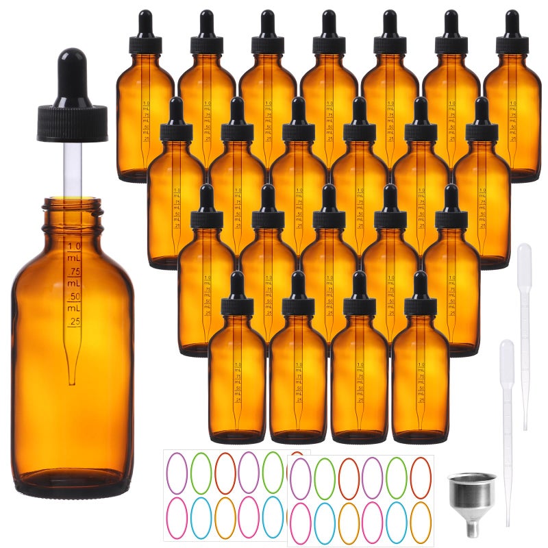 AuroTrends 4 oz Dropper Bottles Glass 24Pack, Amber Glass Tincture Bottles with Dropper - Dropper Bottle 4 oz with Funnel/Stickers/Plastic Graduated Pipette (4fl.oz, Set of 24) - Image 1