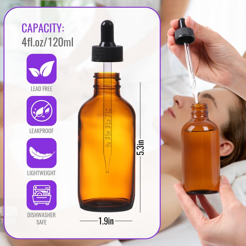 AuroTrends 4 oz Dropper Bottles Glass 24Pack, Amber Glass Tincture Bottles with Dropper - Dropper Bottle 4 oz with Funnel/Stickers/Plastic Graduated Pipette (4fl.oz, Set of 24) - Image 2