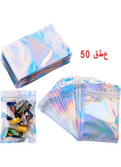 اتش اس 50 قطعة أكياس كيس رقائق مقاومة للرائحة قابلة للإغلاق ، أكياس تخزين طعام مسطحة شفافة زيبلوك أكياس تغليف بلاستيكية احباط مايلر لتخزين الطعام لصالح الحزب (لون قوس قزح الثلاثية الأبعاد)  - Image 1