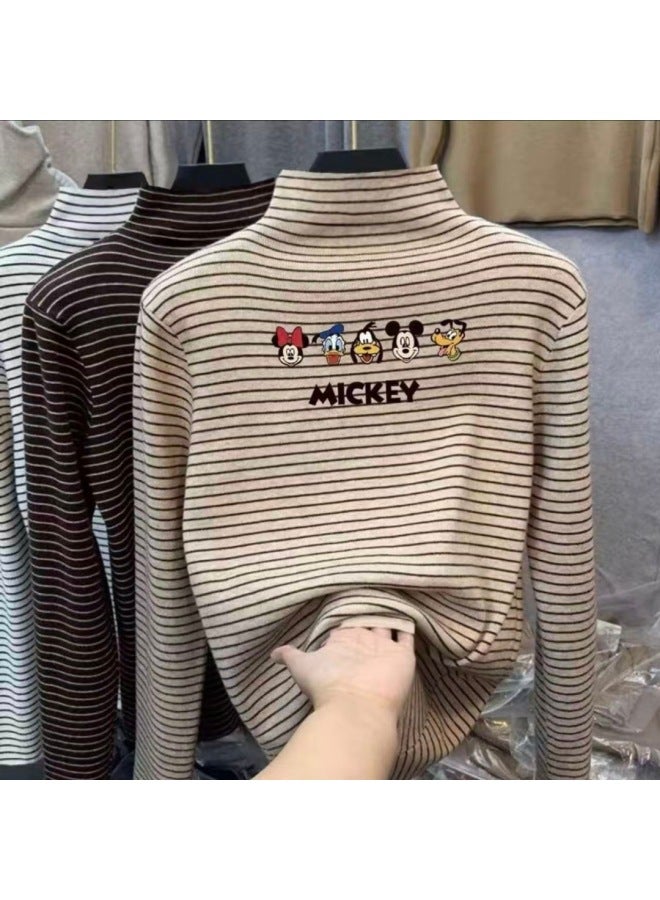 Boys And Girls' Thermal Base Layer Shirts, Spring And Autumn, Big Kids' Half-high Collar Long-sleeve T-shirts, Stylish Striped Warm Tops