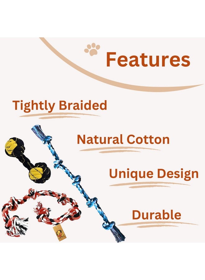 مجموعة ألعاب مضغ من حبل قطني متين مكونة من 3 قطع (5 عقد، 6 عقد، دمبل) | للمضغ واللعب والتسنين والتدريب للكلاب الكبيرة والمضغ العدواني (قد يختلف اللون) - Image 4