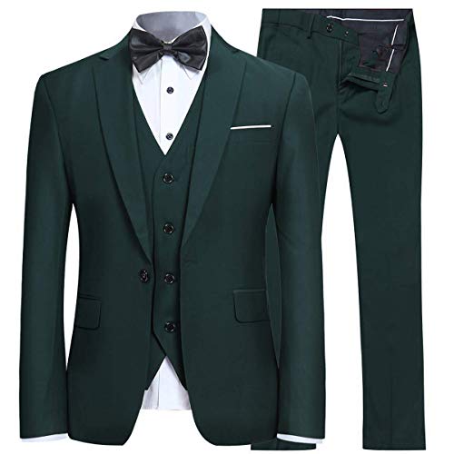 YFFUSHI Men's Slim Fit 3 Piece Suit One Button Blazer Tux Vest & Trousers, Dark Green, Medium - Image 5