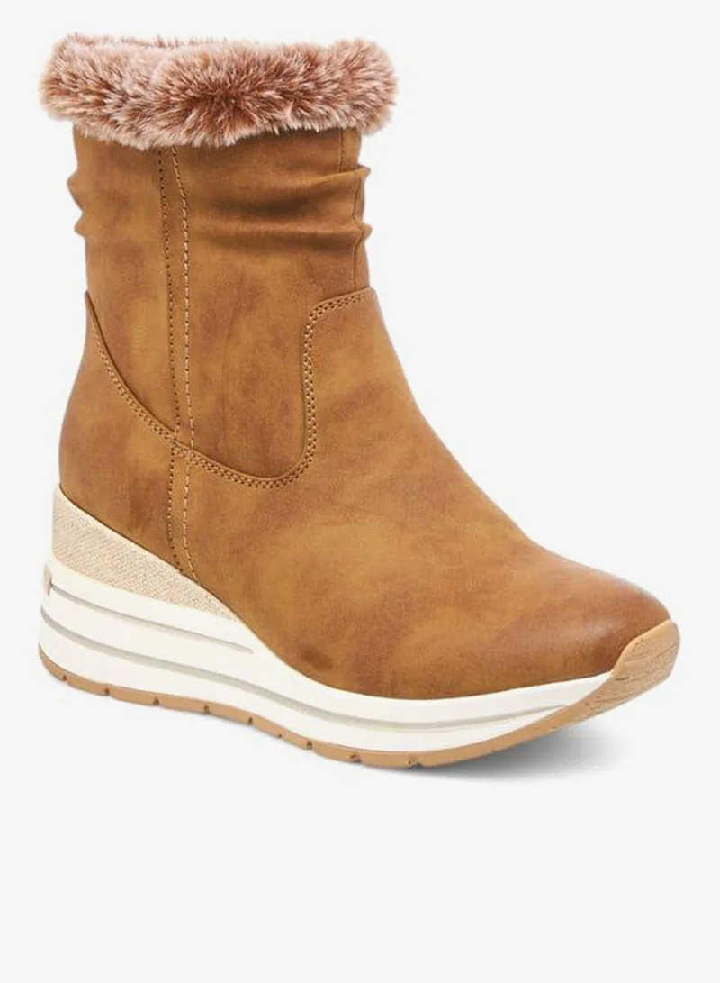 Celeste Women's Plush Detail Ankle Boots with Zip Closure and Wedge Heels