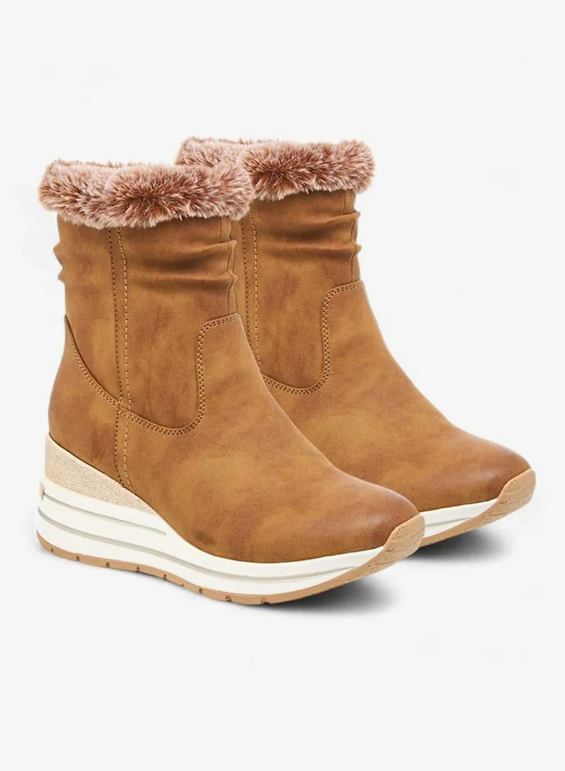 Celeste Women's Plush Detail Ankle Boots with Zip Closure and Wedge Heels