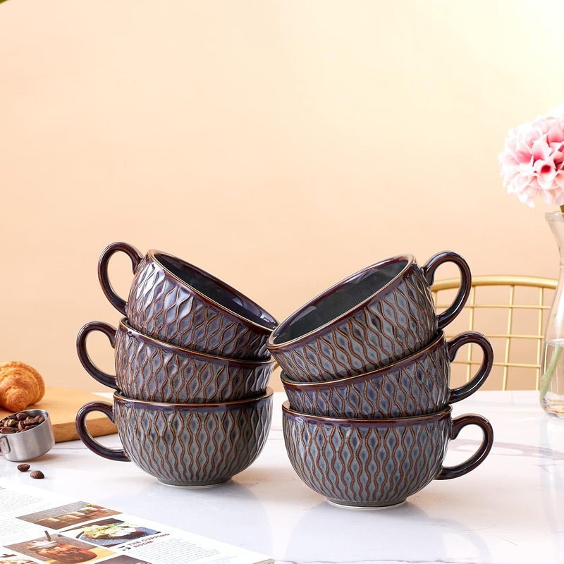 Coffeezone مجموعة أكواب كوفي زون 6 أكواب بتصميم عتيق 12 أونصة أكواب سيراميك احترافية لفن اللاتيه وكابتشينو رمادي مزخرف 6 - Image 5