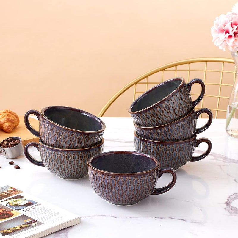 Coffeezone مجموعة أكواب كوفي زون 6 أكواب بتصميم عتيق 12 أونصة أكواب سيراميك احترافية لفن اللاتيه وكابتشينو رمادي مزخرف 6 - Image 2
