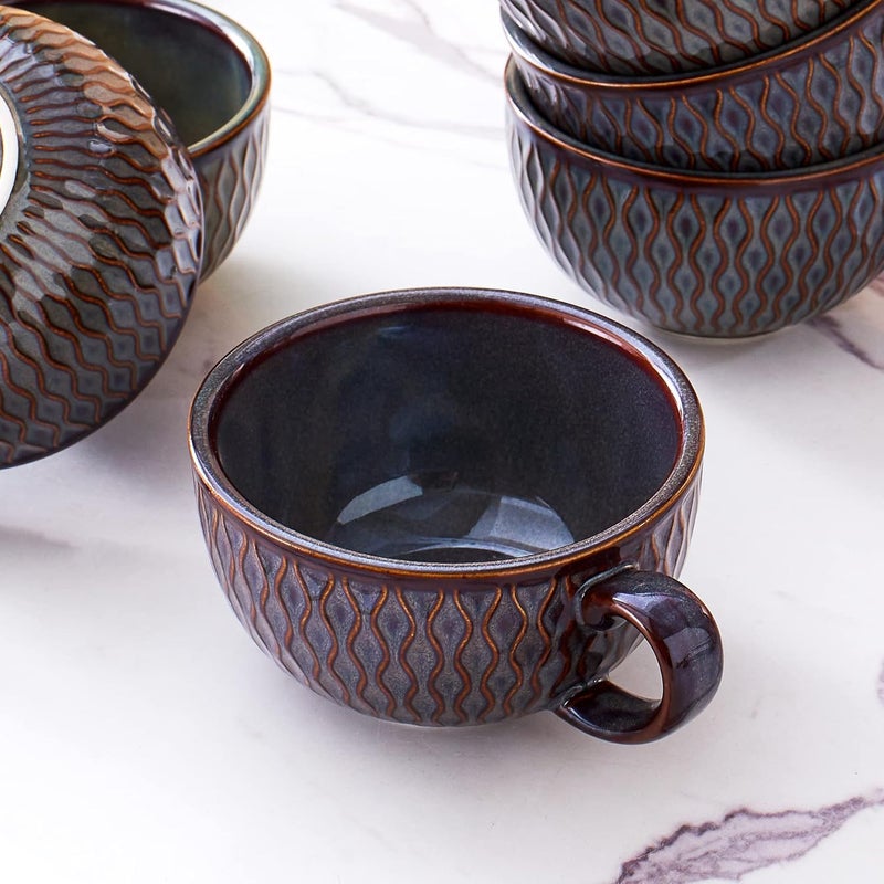 Coffeezone مجموعة أكواب كوفي زون 6 أكواب بتصميم عتيق 12 أونصة أكواب سيراميك احترافية لفن اللاتيه وكابتشينو رمادي مزخرف 6 - Image 4