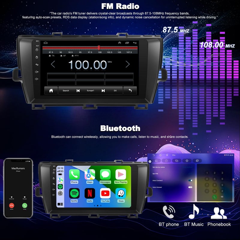 Aitrenlu 4core 64G Upgrade Car Radio For Toyota Prius 2010 2011 2012 2013 2014 2015, Prius Stereo 9inch IPS Touchscreen Wireless Carplay Android Auto, GPS Bluetooth 5GWifi FM Backup Camera Fit for JBL & No JBL - Image 4