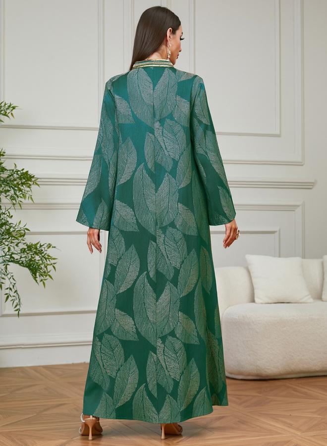 Take Two Emerald Green Leaf Print Embroidered Jalabiya - Image 3