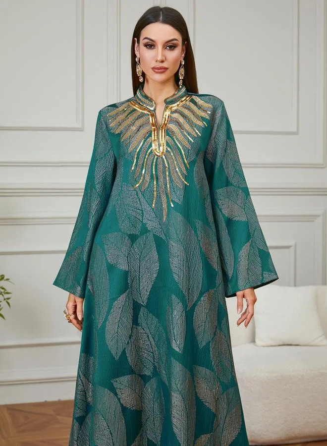 Take Two Emerald Green Leaf Print Embroidered Jalabiya