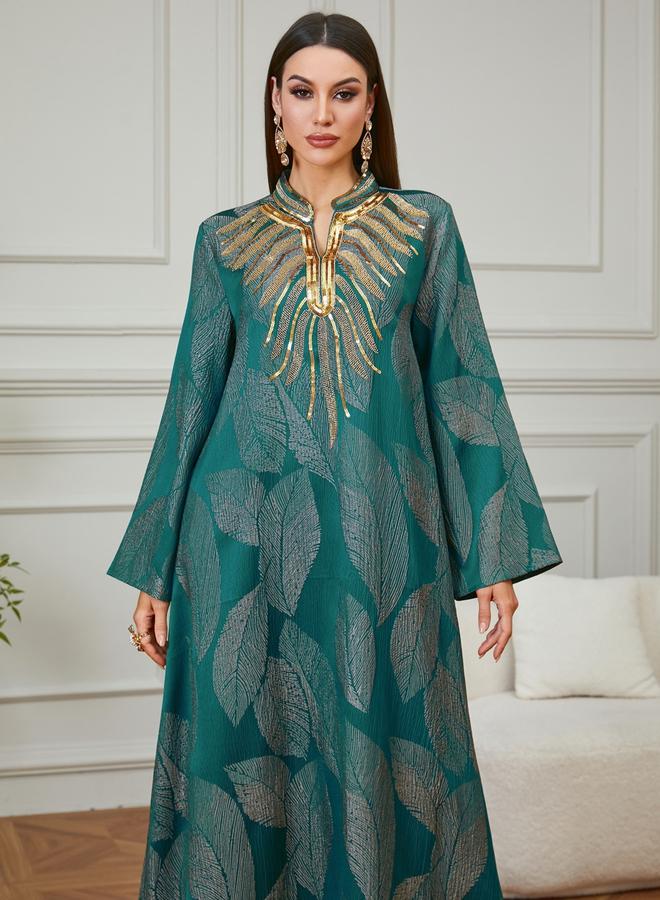 Take Two Emerald Green Leaf Print Embroidered Jalabiya - Image 2