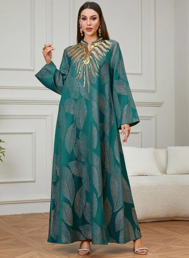 Take Two Emerald Green Leaf Print Embroidered Jalabiya