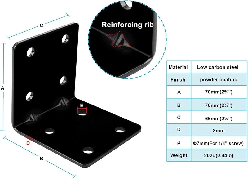 eoere 10 PCS 2-3/4" Black Steel L Right Reinforced Angle Bracket, Metal Joint Support Corner Brace, Thickness 1/8", Max.Load 110 LB - Image 2