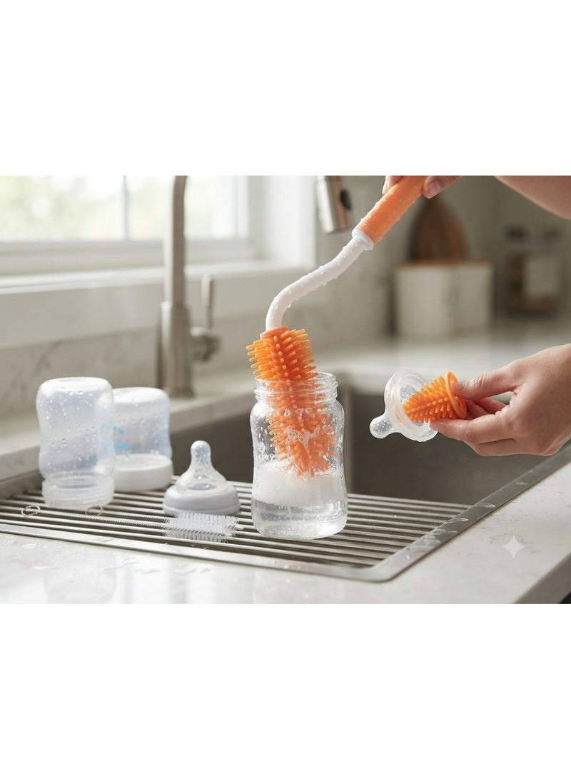 Silicone Baby Bottle Brush Set - 360-Degree Cleaning Nipple and Bottle Cleaner Kit, Orange, Multi-Piece Set - Image 2