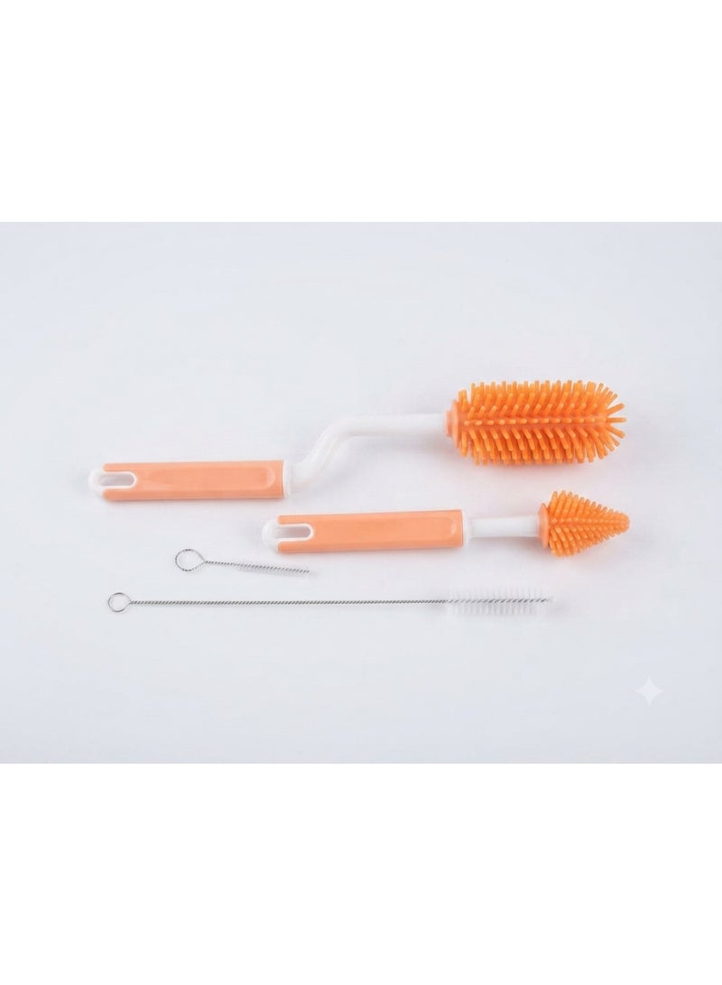 Silicone Baby Bottle Brush Set - 360-Degree Cleaning Nipple and Bottle Cleaner Kit, Orange, Multi-Piece Set - Image 1