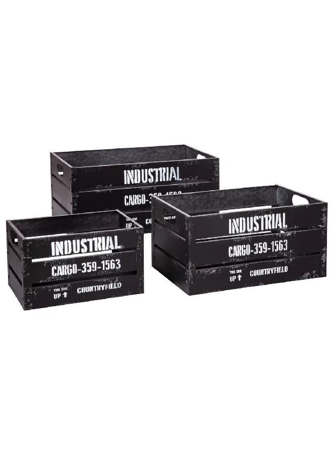 atmosphera 3-Piece Industrial High Quality Iron Storage Crate Set Black and White 23.5 x 50.3 x 30.1 cm 166518B