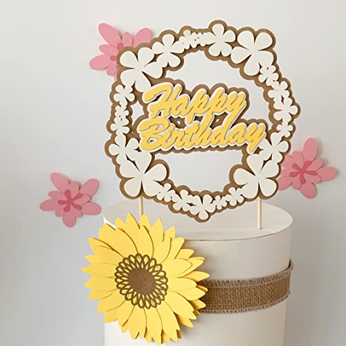 Pinfliers Rustic Floral Theme Birthday Decoration Items Paper Cake Topper for Cake Decoration, 1, Yellow, Cream and Brown, 30th, 40th Happy Birthday Cake Topper - Image 1