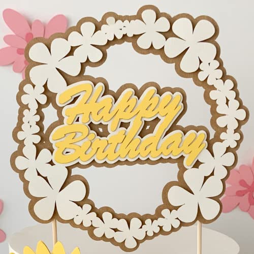 Pinfliers Rustic Floral Theme Birthday Decoration Items Paper Cake Topper for Cake Decoration, 1, Yellow, Cream and Brown, 30th, 40th Happy Birthday Cake Topper - Image 3
