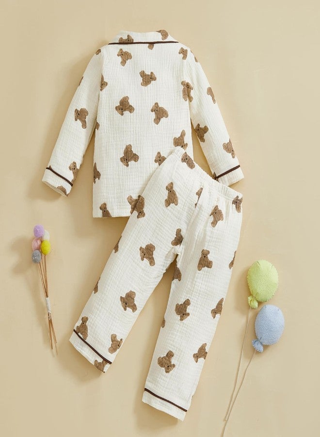 fyclemt Toddler Baby Girl Boy Halloween Pajamas Pumpkin Cotton Linen Long Sleeve Button Down Shirt Top Pants Kids Sleepwear Pjs Set (Apricot Bear Print, 2-3 Years) - Image 3