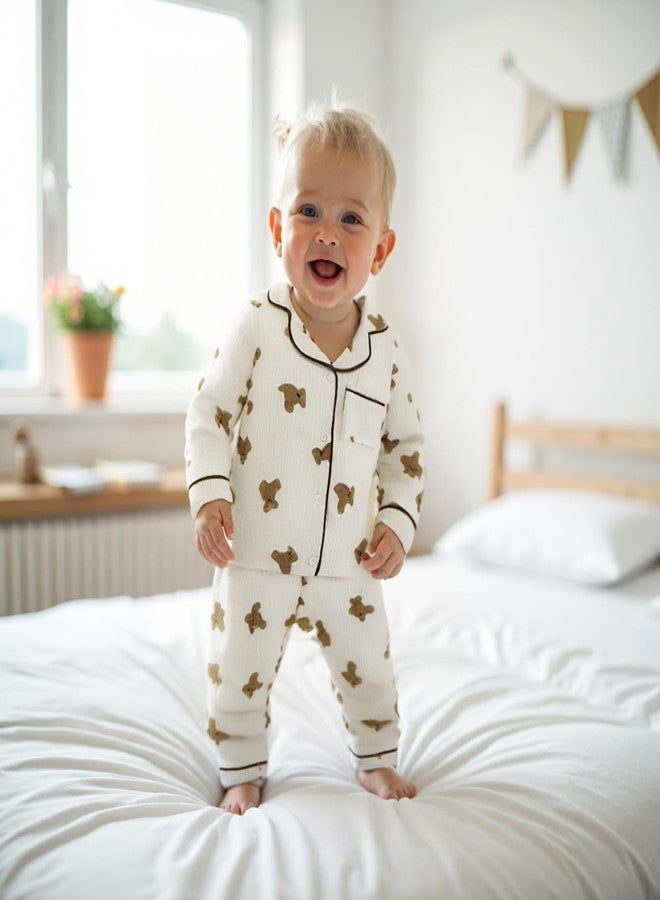 fyclemt Toddler Baby Girl Boy Halloween Pajamas Pumpkin Cotton Linen Long Sleeve Button Down Shirt Top Pants Kids Sleepwear Pjs Set (Apricot Bear Print, 2-3 Years) - Image 2