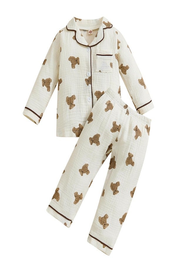fyclemt Toddler Baby Girl Boy Halloween Pajamas Pumpkin Cotton Linen Long Sleeve Button Down Shirt Top Pants Kids Sleepwear Pjs Set (Apricot Bear Print, 2-3 Years) - Image 1