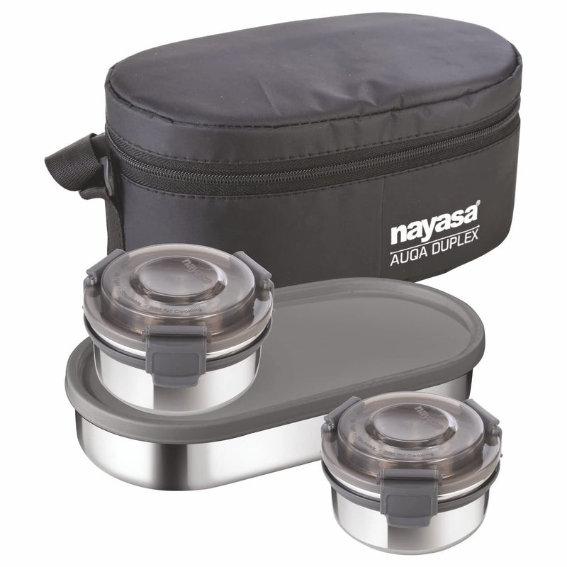 NAYASA Nayasa Aqua Duplex Lunch Box with 3 Containers (2 Round Containers & 1 Oval Container) Comes with Ziper Pouch, 3 Stainless Steel Containers with Airtight & Leak Proof Lid- 300 ML, Black  - Image 1