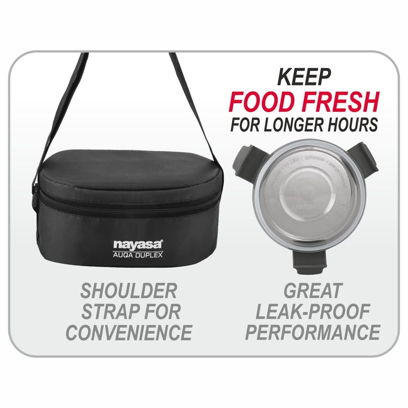 NAYASA Nayasa Aqua Duplex Lunch Box with 3 Containers (2 Round Containers & 1 Oval Container) Comes with Ziper Pouch, 3 Stainless Steel Containers with Airtight & Leak Proof Lid- 300 ML, Black  - Image 3