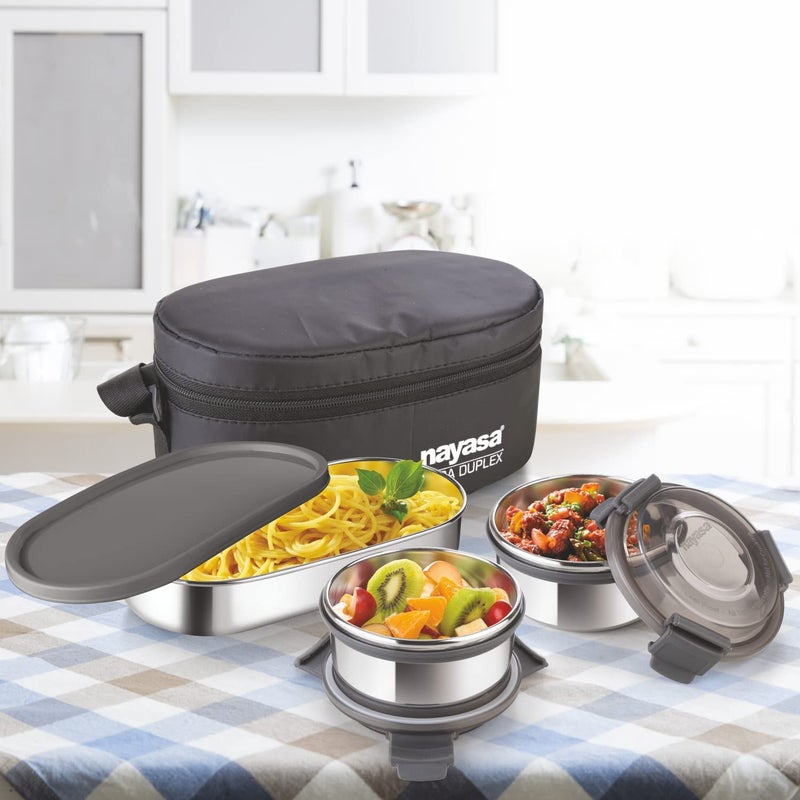 NAYASA Nayasa Aqua Duplex Lunch Box with 3 Containers (2 Round Containers & 1 Oval Container) Comes with Ziper Pouch, 3 Stainless Steel Containers with Airtight & Leak Proof Lid- 300 ML, Black  - Image 4