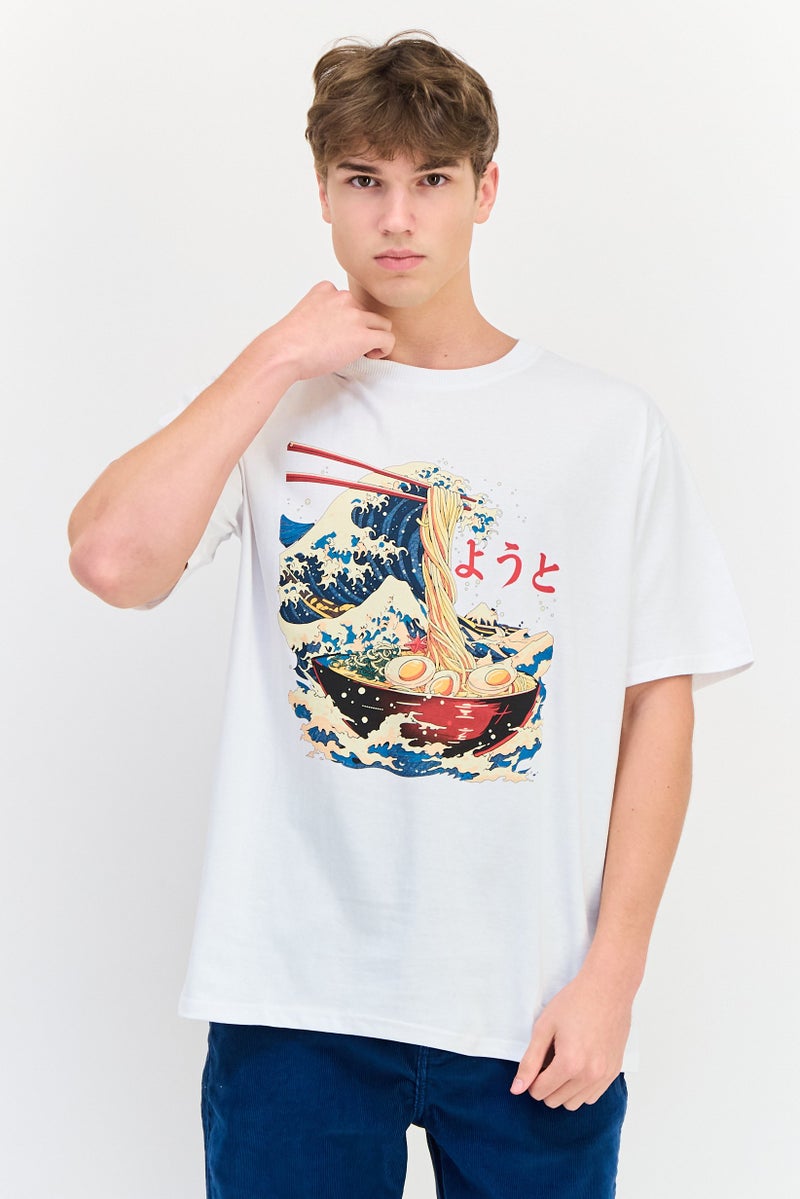 YOTO تي شيرت رجالي بأكمام قصيرة وياقة دائرية بطباعة جرافيك، أبيض - Image 1