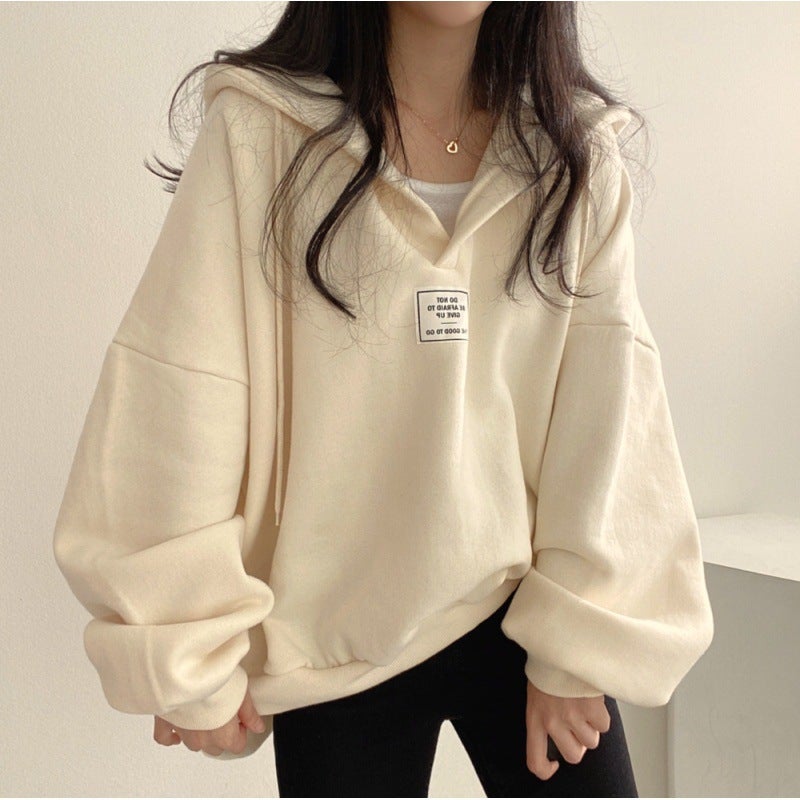 2024 spring new patch design loose niche loose Korean style online celebrity student couple hooded sweater for women Apricot