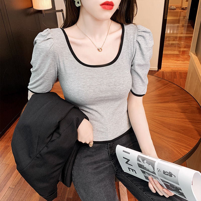 Contrast Color U-Collar Short-Sleeved T-Shirt Women'S 2024 Korean Style French Style Retro Puff Sleeve Slim-Fit Short Top Trendy - Image 1
