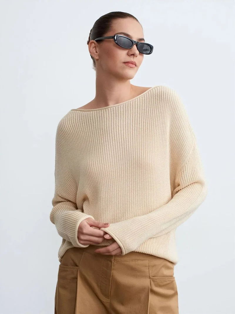ديلفين Dilvin Women's Ribbed Boat Neck Knit Sweater