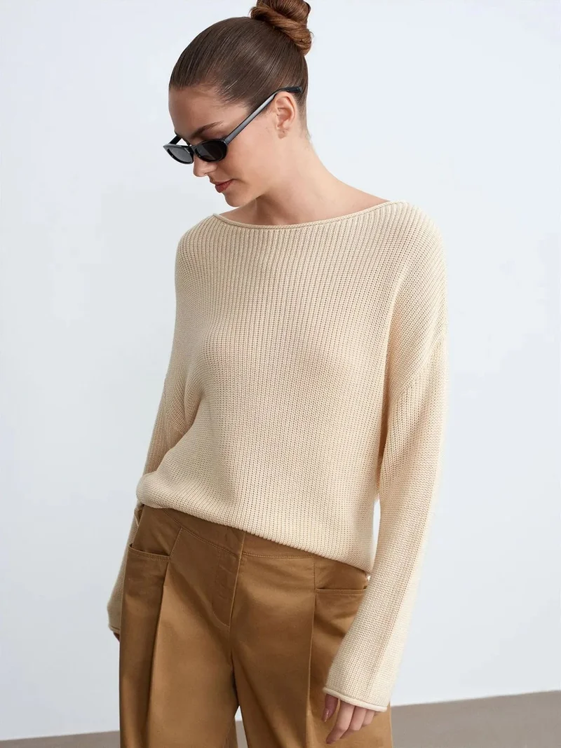 ديلفين Dilvin Women's Ribbed Boat Neck Knit Sweater