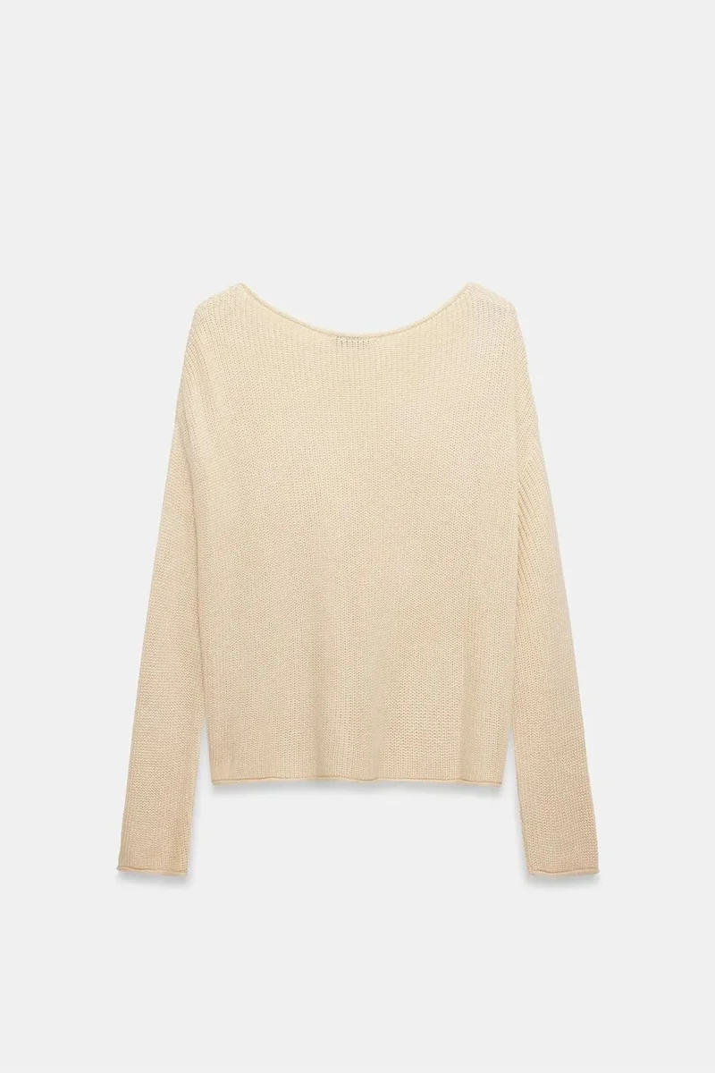 Dilvin Cream Natural DILVIN Women's Ribbed Boat Neck Knit Sweater for Women | Best Price UAE