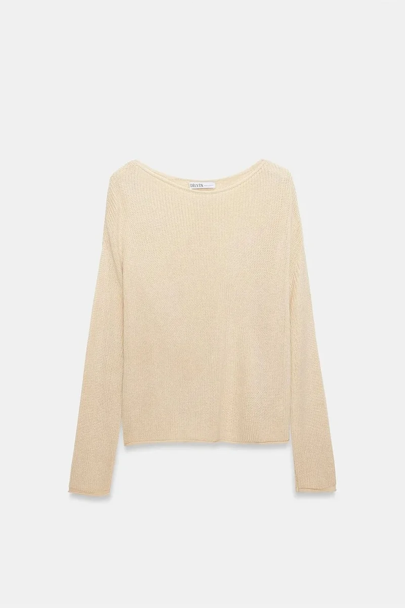 Dilvin Cream Natural DILVIN Women's Ribbed Boat Neck Knit Sweater for Women | Best Price UAE