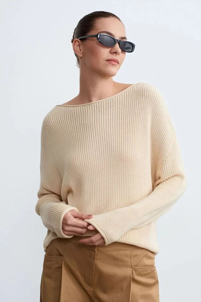 DILVIN Women's Ribbed Boat Neck Knit Sweater