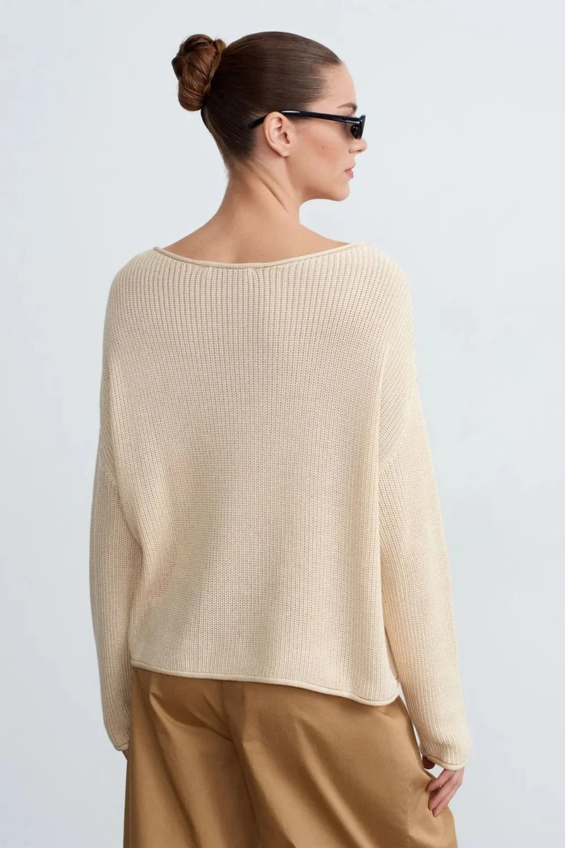 Dilvin Cream Natural DILVIN Women's Ribbed Boat Neck Knit Sweater for Women | Best Price UAE