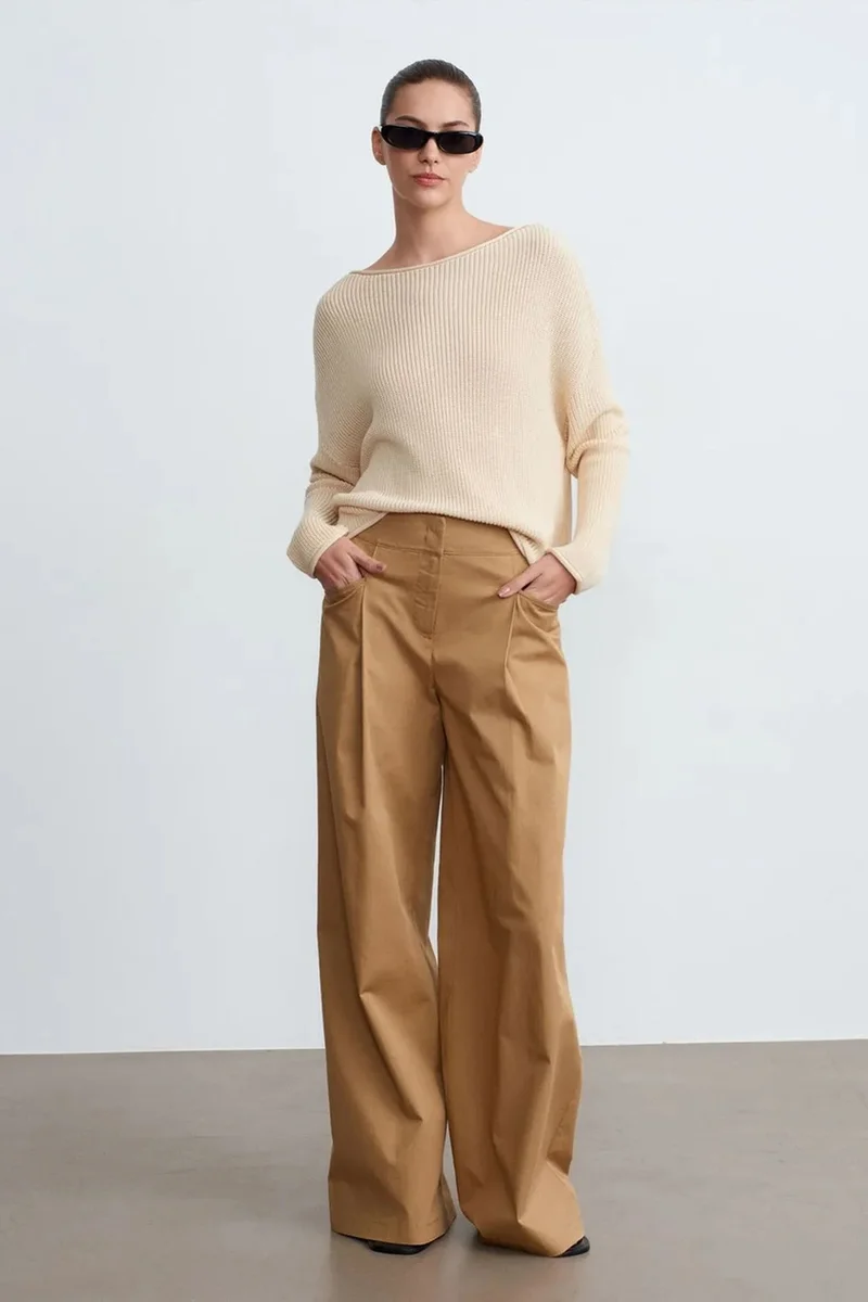 Dilvin Cream Natural DILVIN Women's Ribbed Boat Neck Knit Sweater for Women | Best Price UAE