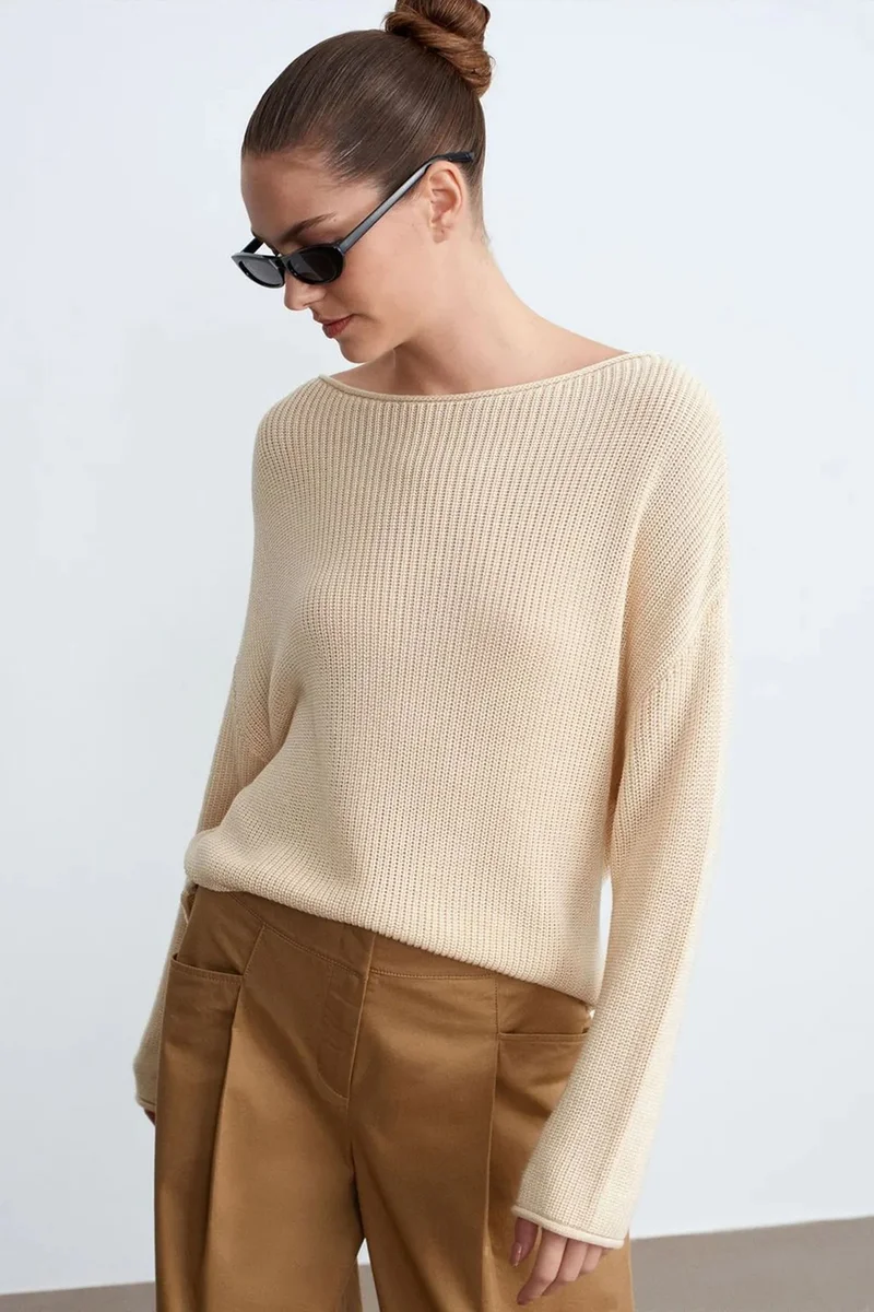 Dilvin Cream Natural DILVIN Women's Ribbed Boat Neck Knit Sweater for Women | Best Price UAE
