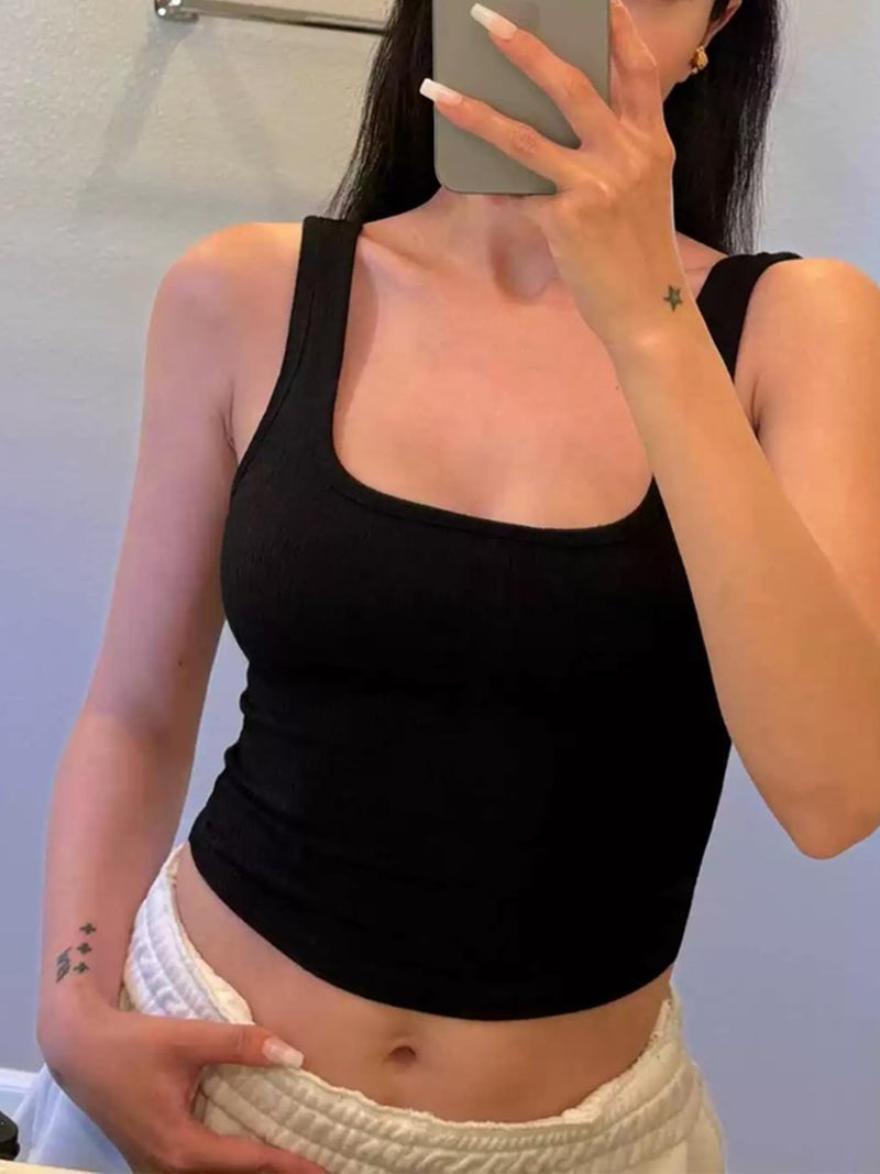 Danysu Women Cotton Rib Tank Top with Built in Bra Square Neck Crop Tank Fitted Basic Tops Black Solid S - Image 3