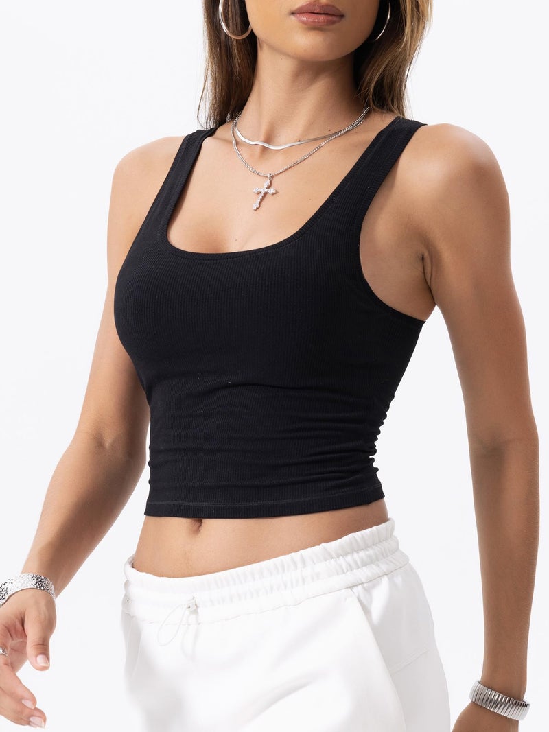 Danysu Women Cotton Rib Tank Top with Built in Bra Square Neck Crop Tank Fitted Basic Tops Black Solid S - Image 4